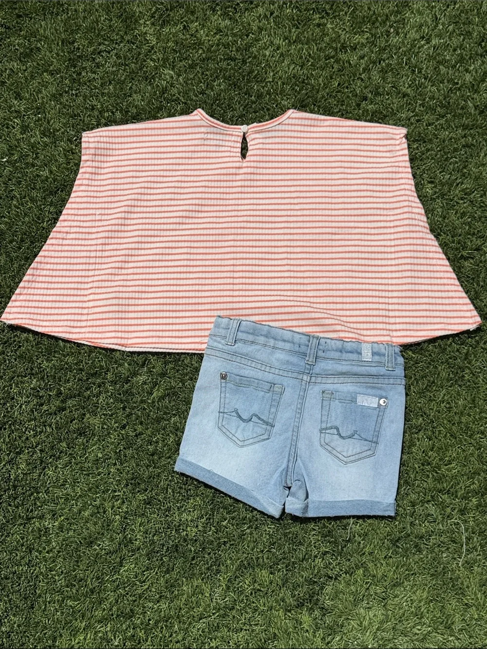 7 For All Mankind Coral and White Striped Crop Top with Faded Blue Jean Short